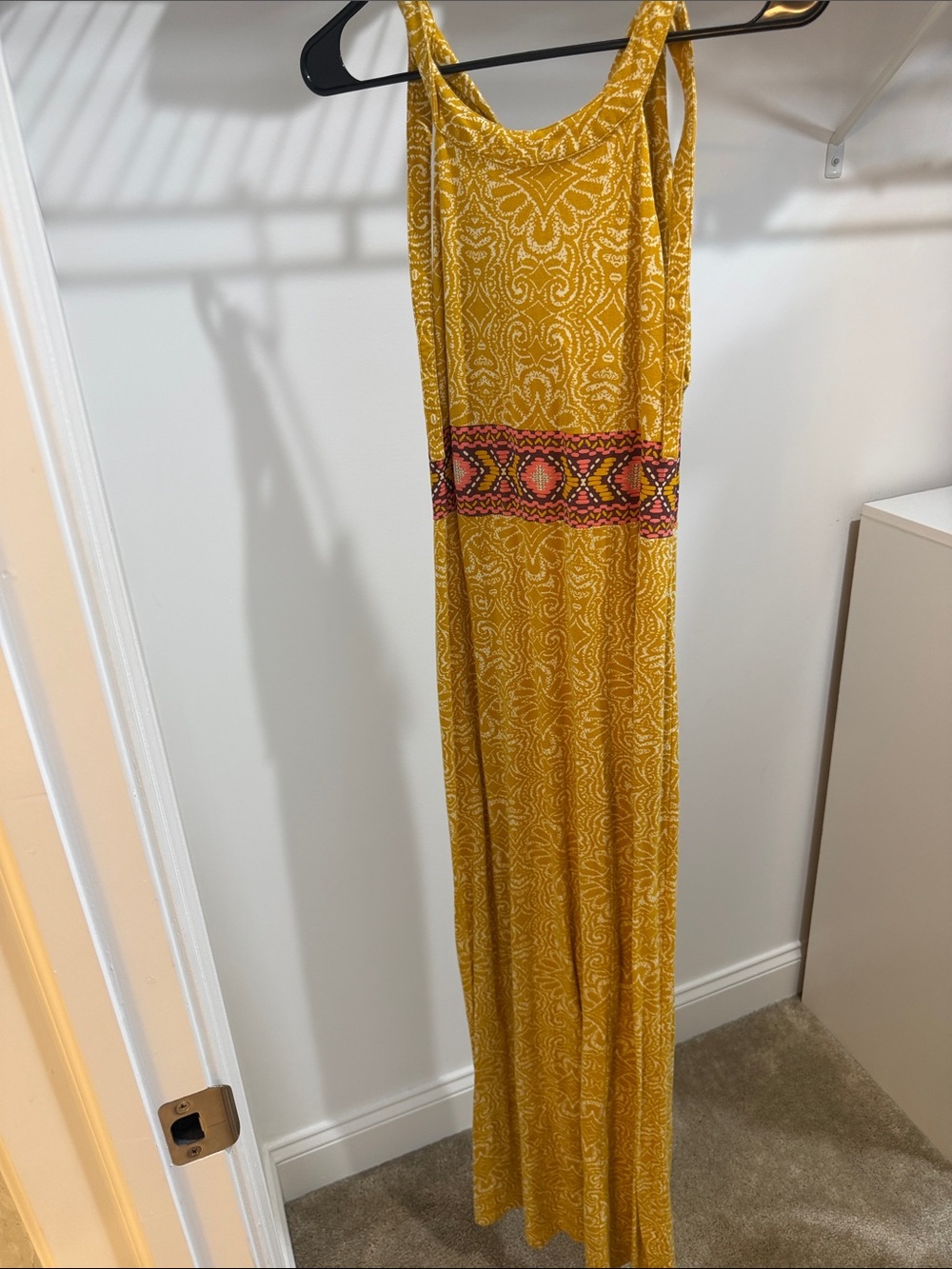 Prana Yellow Printed Maxi Dress with Pink Accent Waistband
